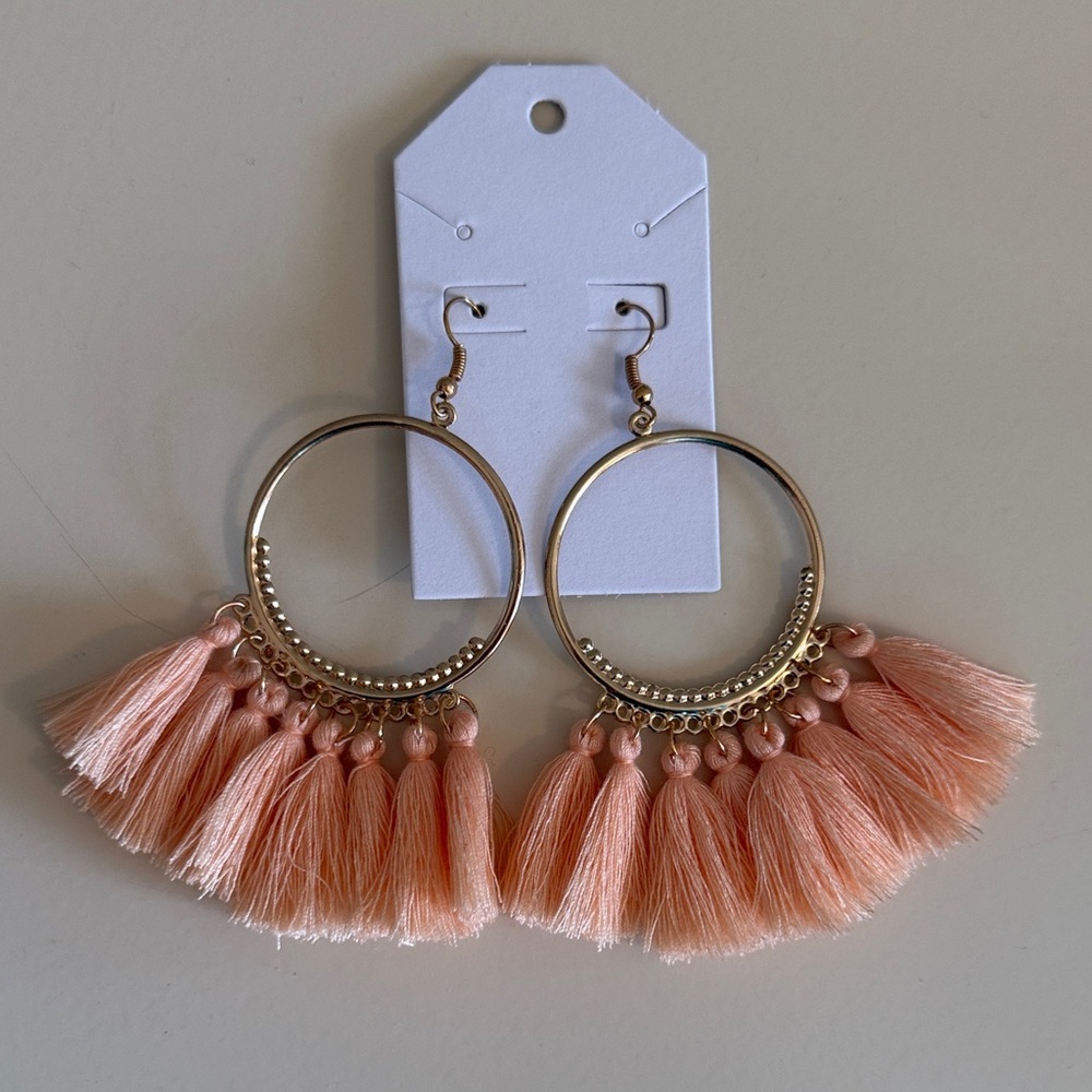 Gold Hoop Earrings with Peach Tassels - NEW